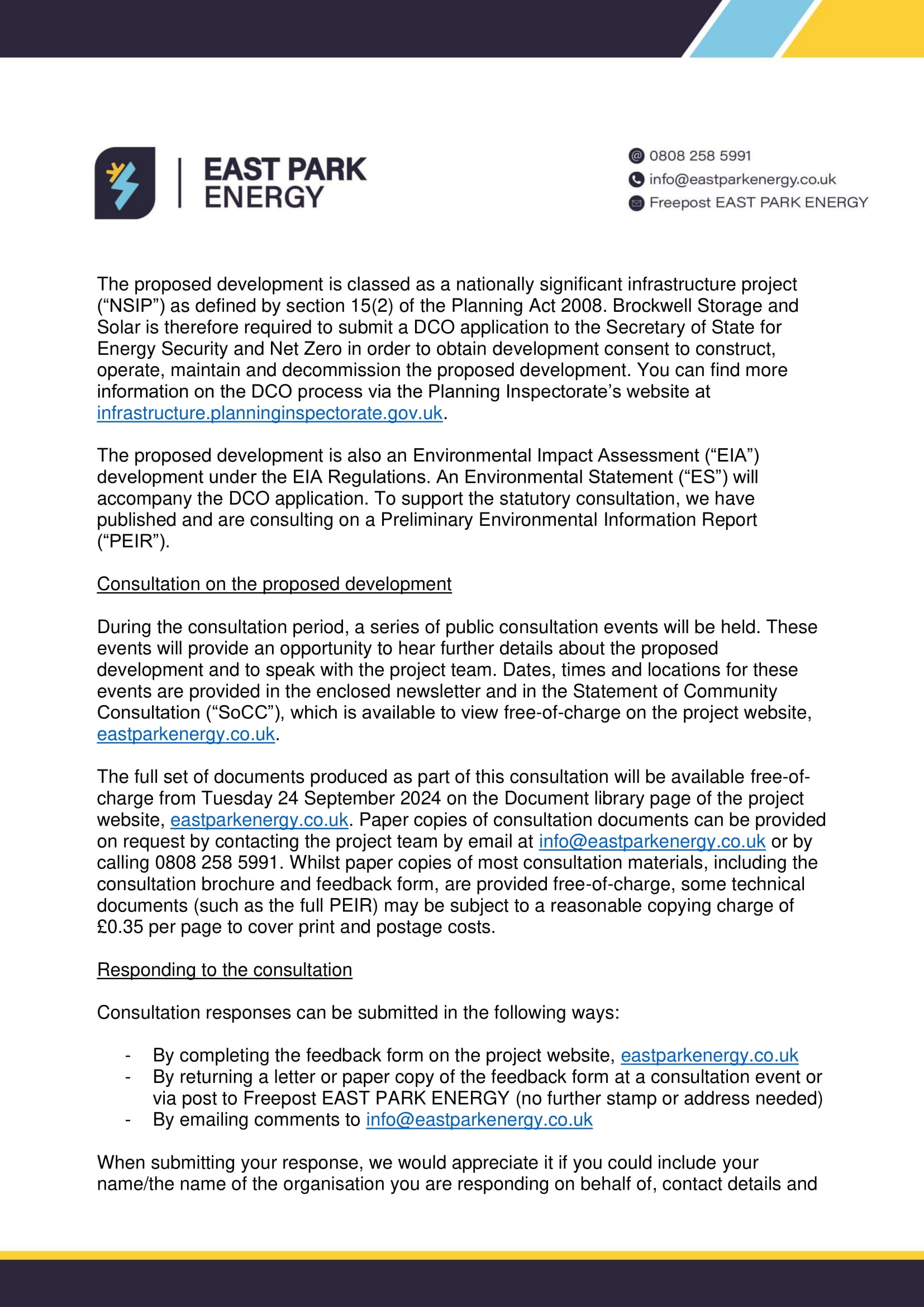 East Park Energy Consultation Letter – See Below – Dean & Shelton ...